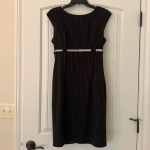 Calvin Klein black pinstripe/belted/cap sleeve dress. Size 6